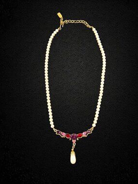 Vintage 1928 Faux Pearl Pink Purple Rhinestone Drop Necklace Gold Tone Dangle